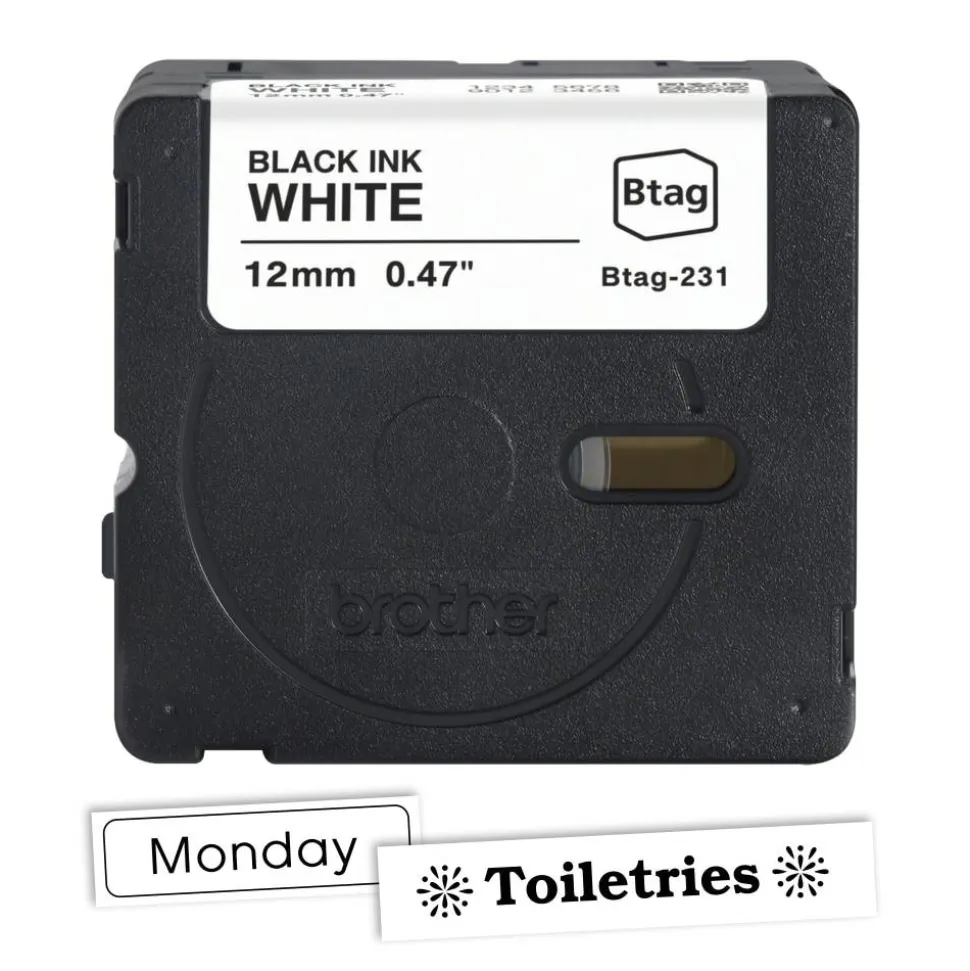 Brother P-touch Btag Black on White Label Tape (BTAG231), ~1/2 in x 13.1 ft (12 mm x 4 m)