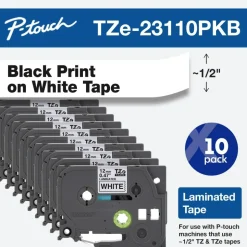Brother P-Touch Label Maker Tape, Black/White, Pack Of 10 Rolls