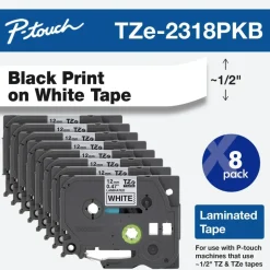 Brother P-Touch Label Maker Tape, Black/White, Pack Of 8 Rolls