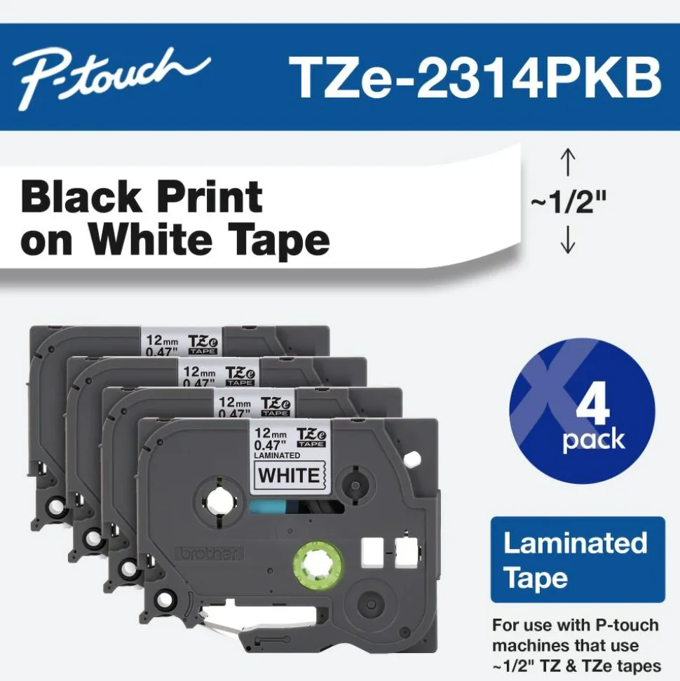Brother P-Touch TZe-231 Label Tape, 1/2" x 26-1/4', White/Black, Pack Of 4 Rolls