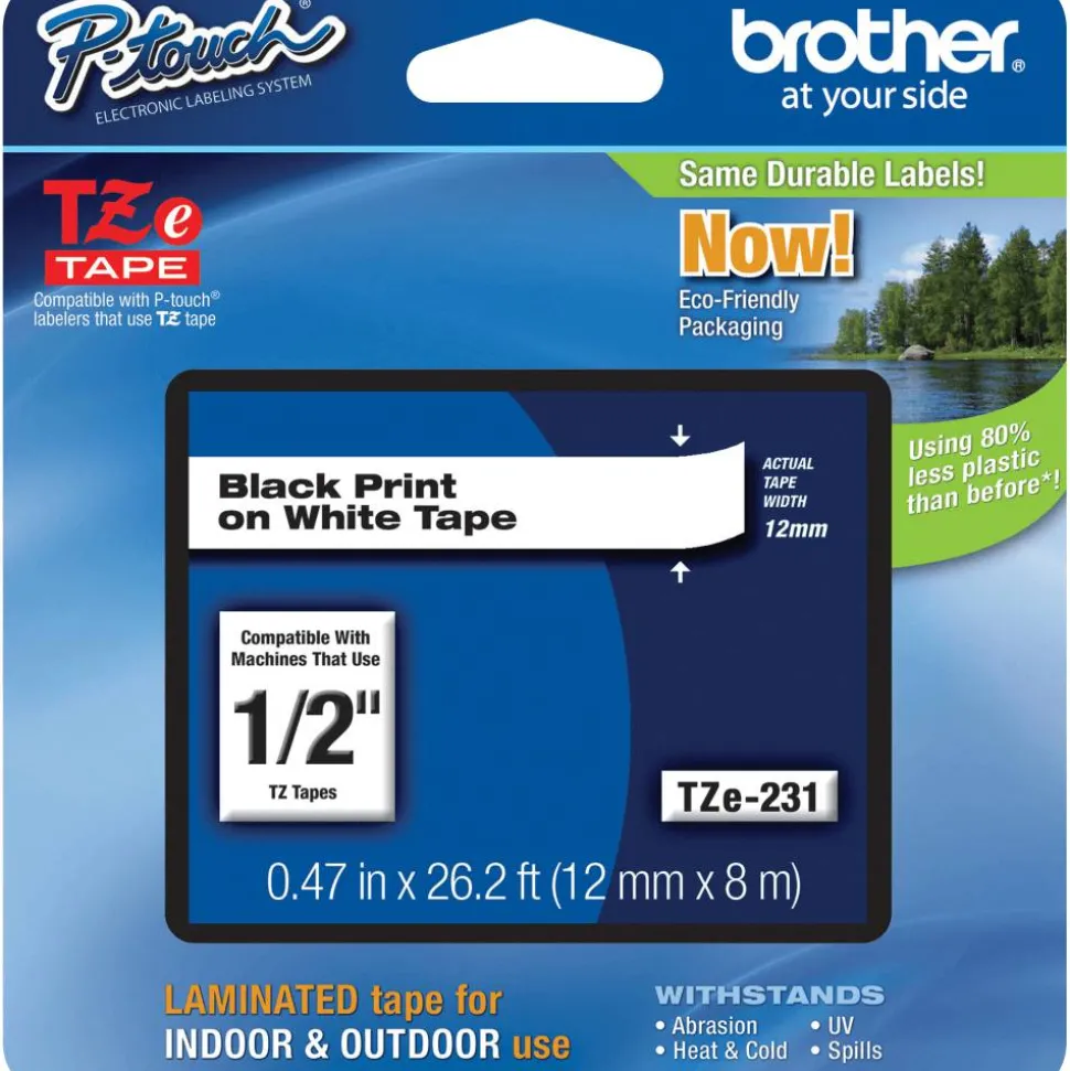 Brother P-Touch TZe-231 Label Tape, 1/2" x 26-1/4', White/Black, Pack Of 4 Rolls