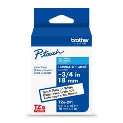 Brother P-touch TZe241, Laminated, 3/4" x 26.2 ft (18mm x 8m), Black on White Label Tape