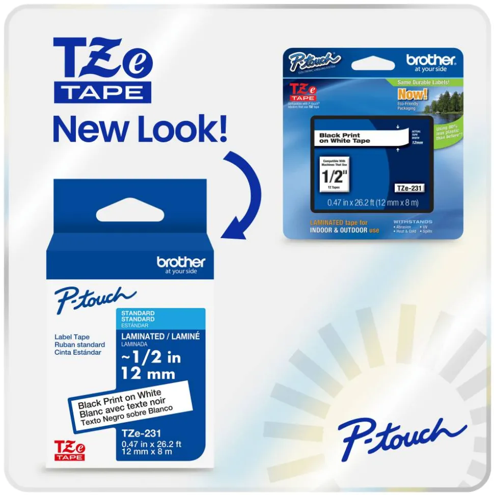 Brother P-touch TZe241, Laminated, 3/4" x 26.2 ft (18mm x 8m), Black on White Label Tape