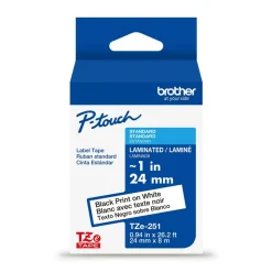 Brother P-touch TZe251, Laminated, ~1 in x 26.2 ft (24mm x 8m), Black on White Label Tape