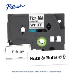 Brother P-touch TZe251, Laminated, ~1 in x 26.2 ft (24mm x 8m), Black on White Label Tape