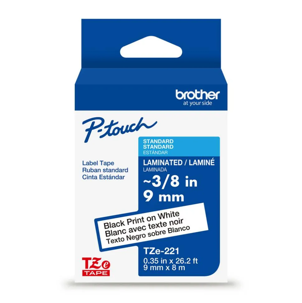 Brother P-touch TZe221, Laminated, 3/8" x 26.2 ft (9mm x 8m), Black on White Label Tape