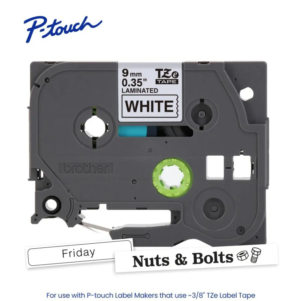 Brother P-touch TZe221, Laminated, 3/8" x 26.2 ft (9mm x 8m), Black on White Label Tape