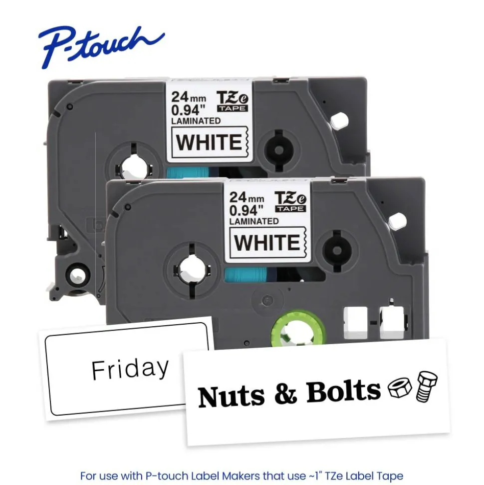 Brother P-touch TZe2512PK, Laminated, ~1" x 26.2 ft (24mm x 8m), Black on White Label Tape