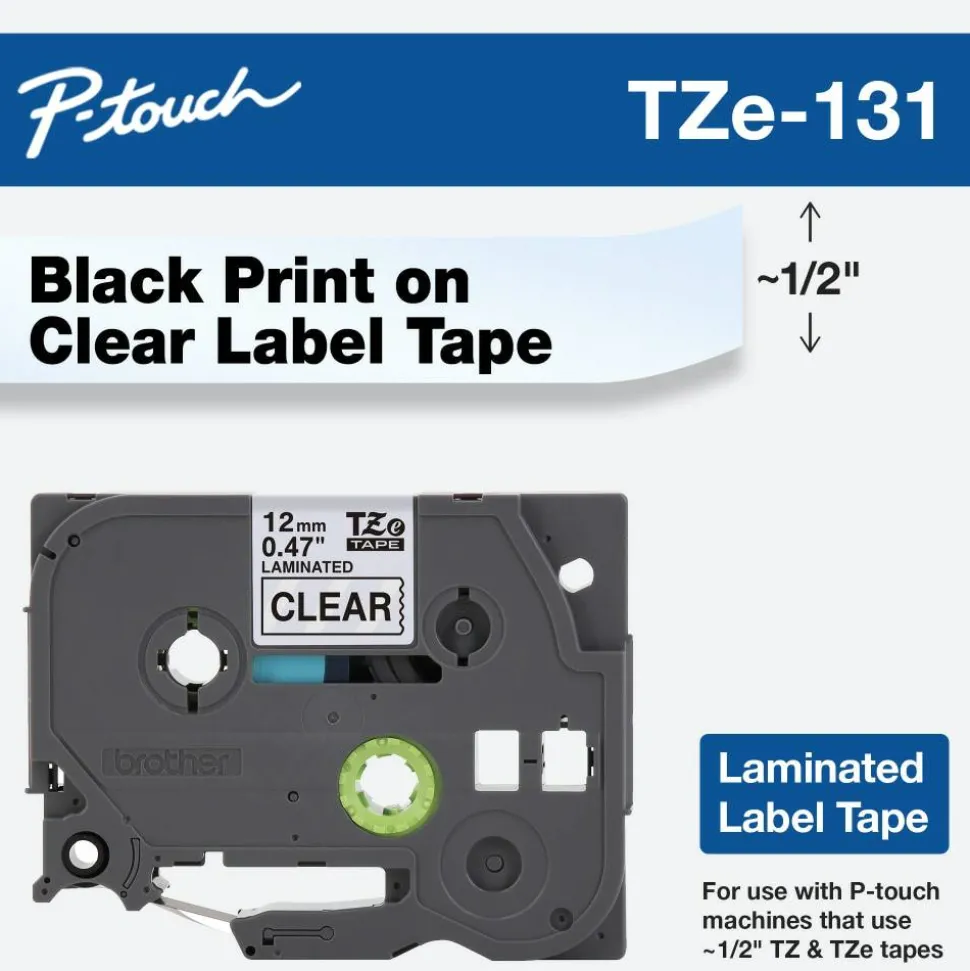 Brother TZe-131 Black-On-Clear Tape, 0.5" x 26.2'