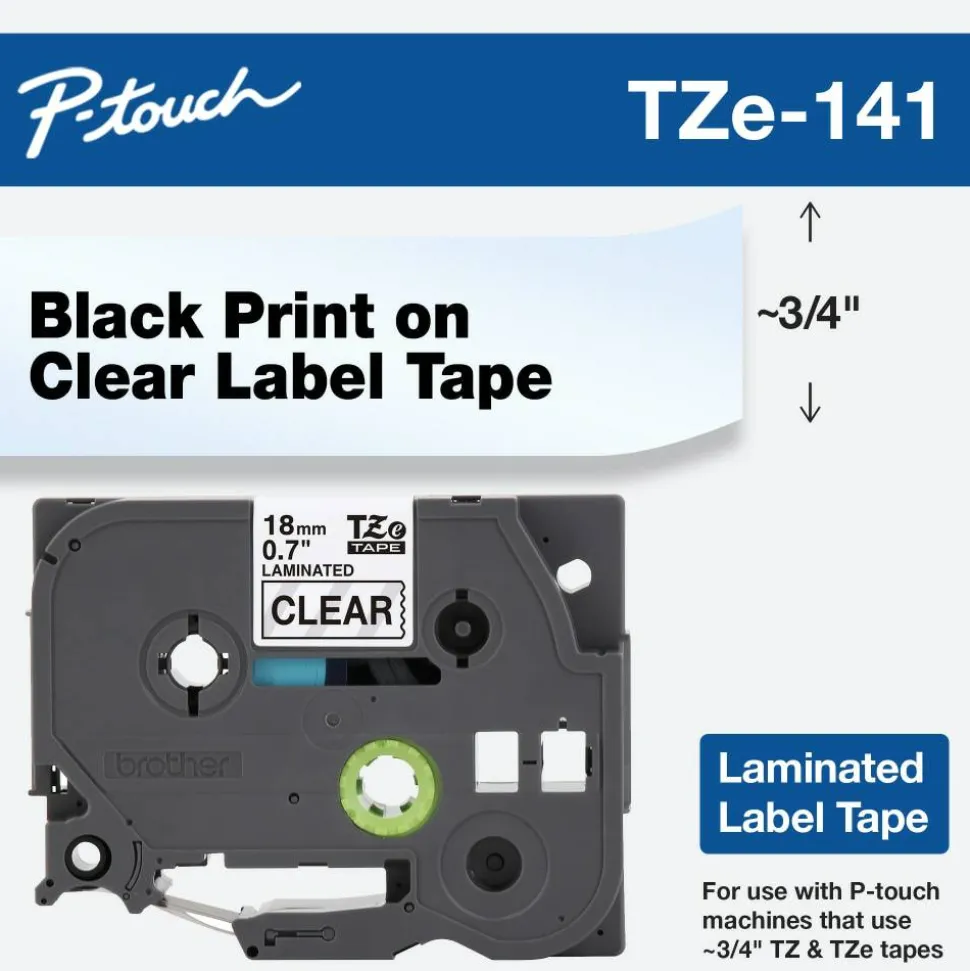 Brother TZe-141 Black-On-Clear Tape, 0.75" x 26.2'