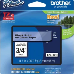 Brother TZe-141 Black-On-Clear Tape, 0.75