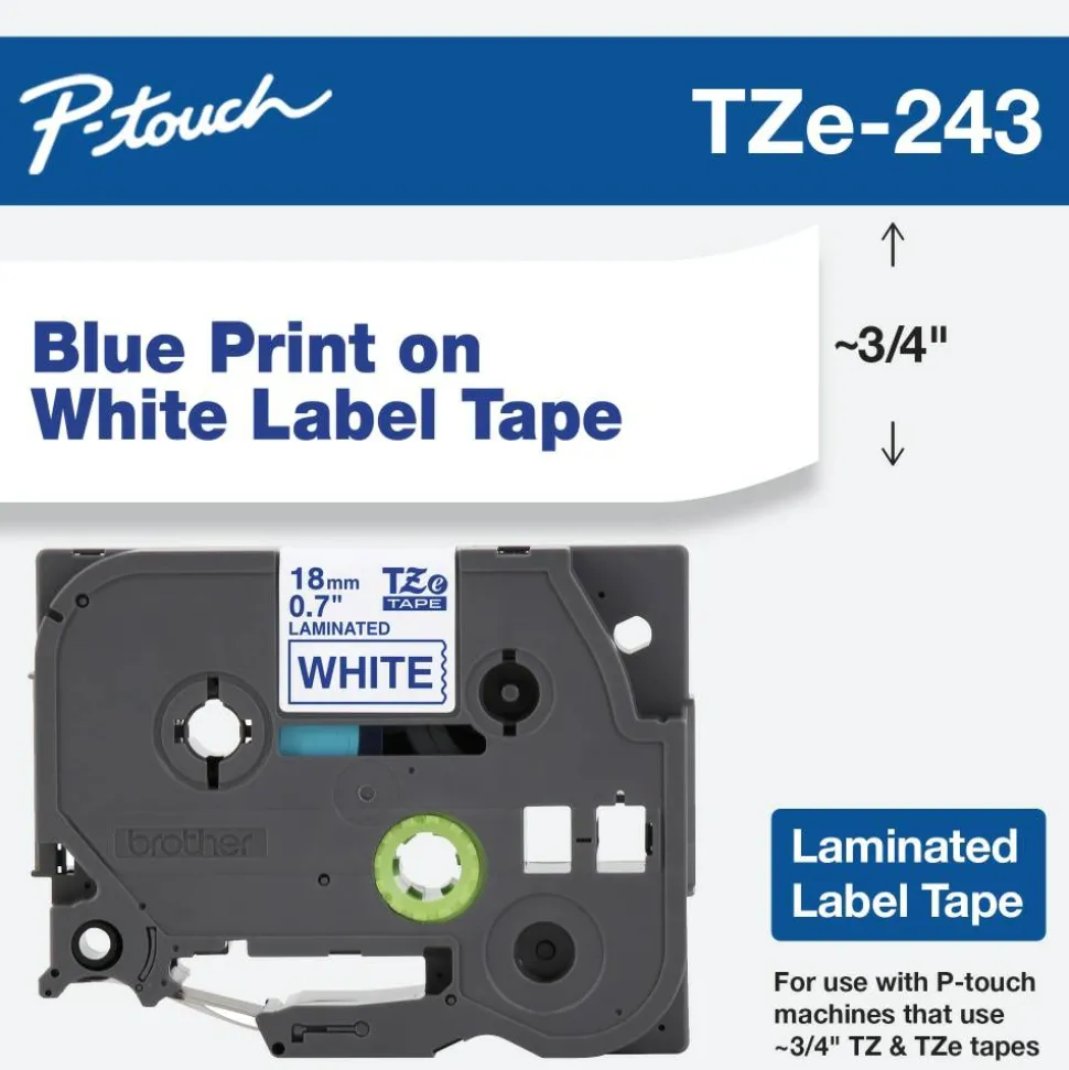 Brother TZe-243 Blue-On-White Tape, 0.75" x 26.2'