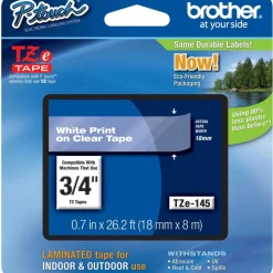 Brother TZe-145 White-On-Clear Tape, 0.75" x 26.2'