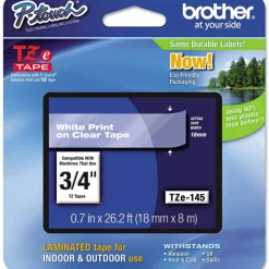 Brother TZe-145 White-On-Clear Tape, 0.75" x 26.2'