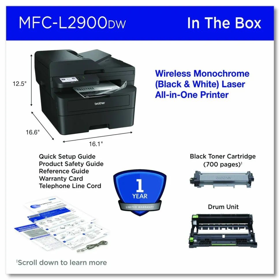 Brother Wireless MFC-L2900DW Compact Monochrome AIO Laser Printer, Copy/Fax/Print/Scan