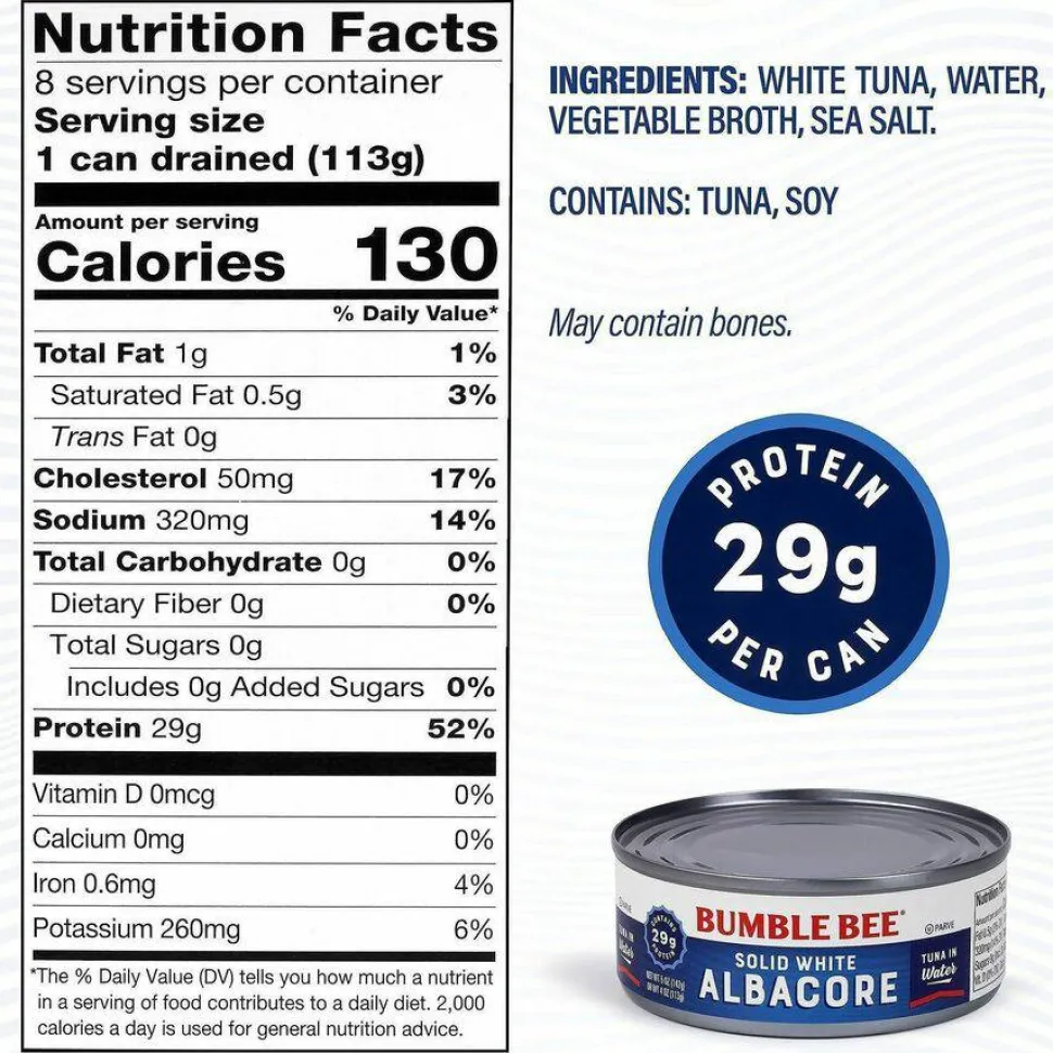 Bumble Bee Solid White Albacore Tuna in Water, 5 oz Can, 8/Pack