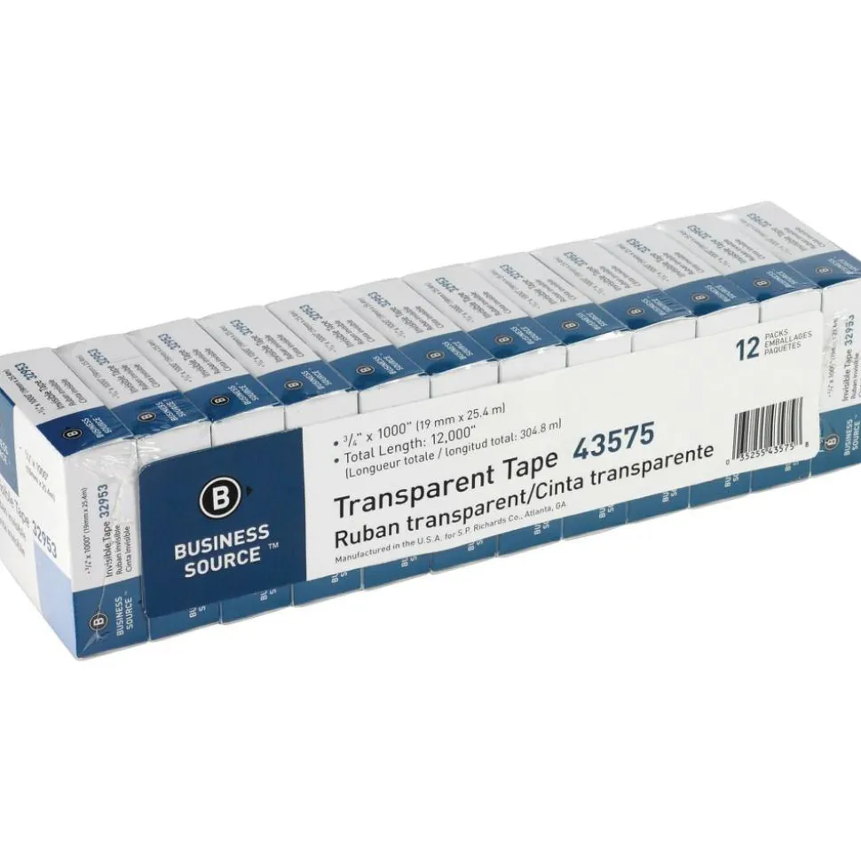 Business Source All-purpose Transparent Glossy Tape - 0.75" Width x 83.33 ft Length - 1" Core - 12 / Pack - Clear