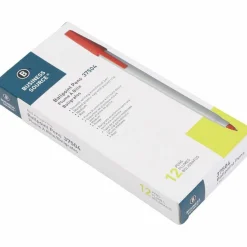 Business Source Ballpoint Stick Pens, Medium Point, Light Gray Barrel, Red Ink, Pack Of 12 Pens