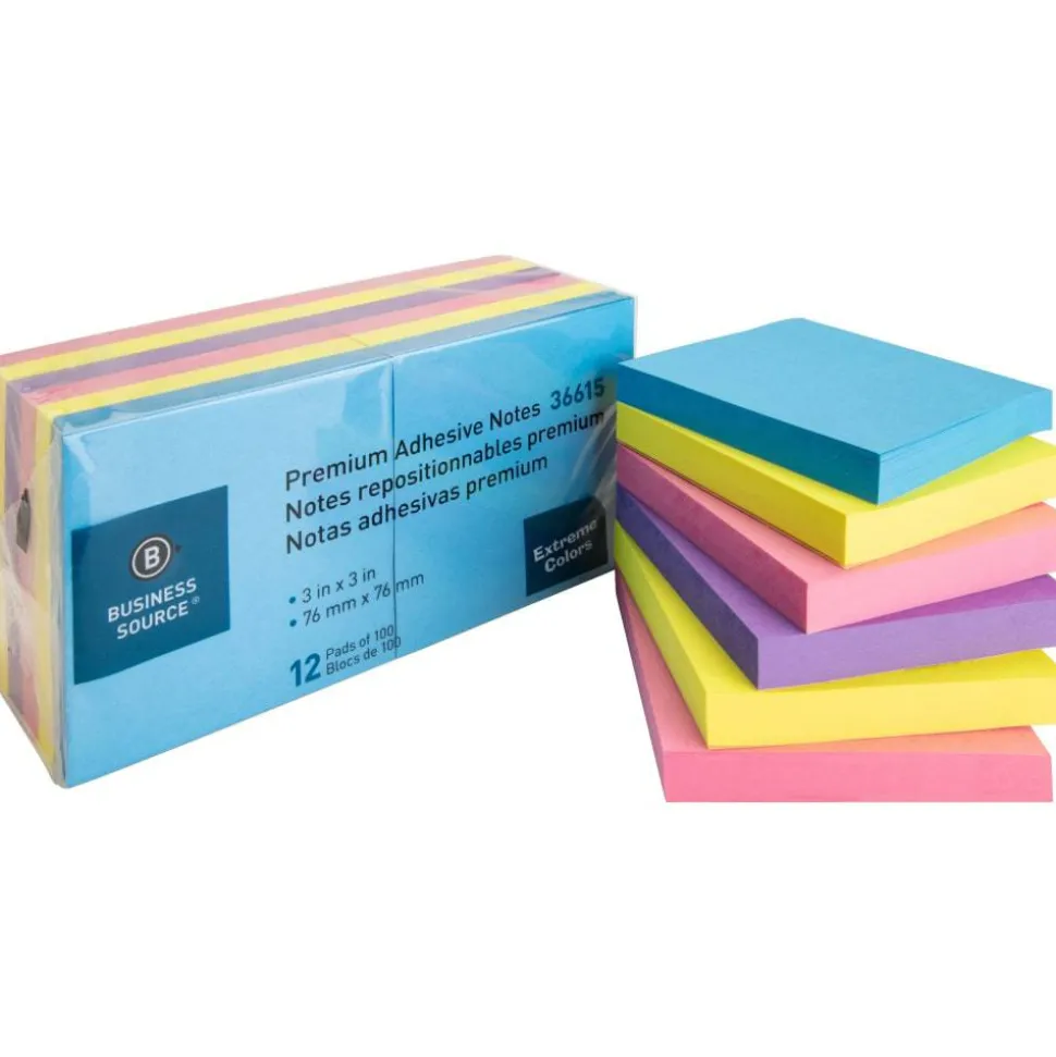 Business Source Extreme Color Adhesive Notes - 100 Sheets, 18 Pads, 3"x 3" - Square - Assorted - 36615