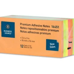Business Source Repositionable Neon Notes - 3" x 3" - 100 Sheets - Square - Neon - 12/Pack