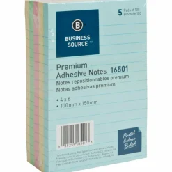 Business Source Ruled Adhesive Notes - 4" x 6" - 100 Sheets - Square - Ruled - Pastel, 5/Pack
