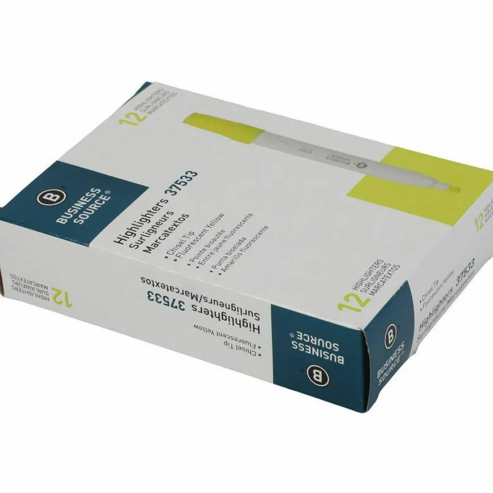 Business Source Value Highlighters, Chisel Point, White Barrel, Yellow Ink, Pack Of 12