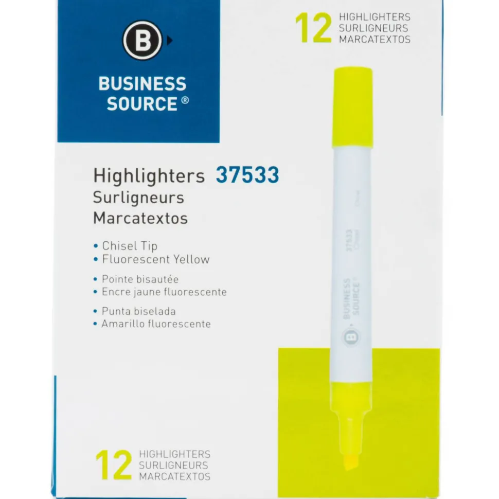 Business Source Value Highlighters, Chisel Point, White Barrel, Yellow Ink, Pack Of 12