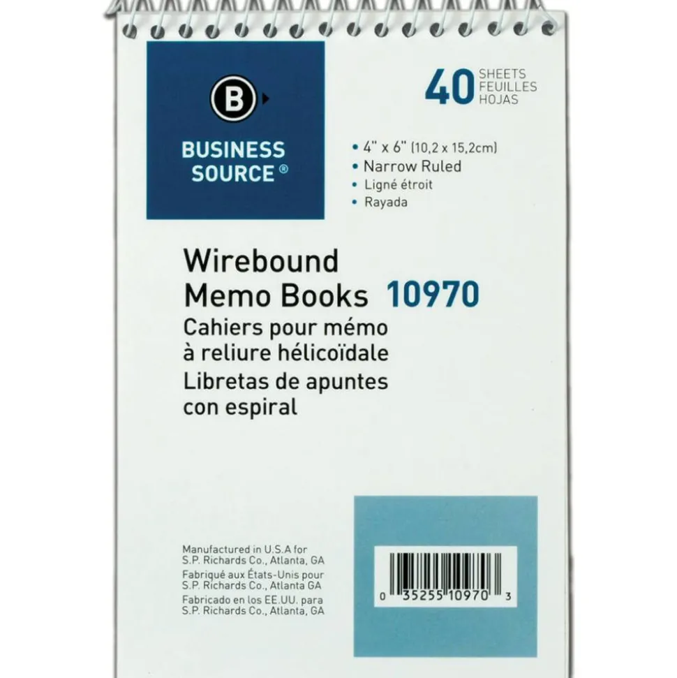 Business Source Wirebound Memo Books - 40 Sheet(s) - Wire Bound - 4" x 6" Sheet Size - White - White Sheet(s) - 1 Dozen