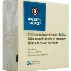 Business Source Yellow Repostionable Adhesive Notes - 3" x 3" - 100 Sheets - Square - Yellow, 24/Pack