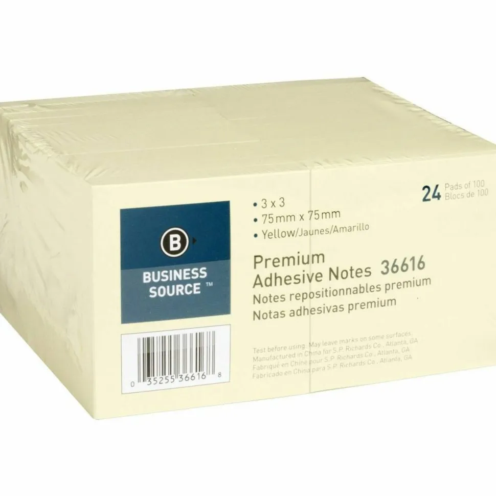 Business Source Yellow Repostionable Adhesive Notes - 3" x 3" - 100 Sheets - Square - Yellow, 24/Pack