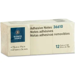 Business Source Yellow Repositionable Adhesive Notes - 100 Sheets, 12 Pads, 1 7/8" x 1 3/8" - Rectangle - 36610
