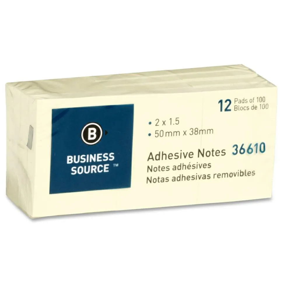 Business Source Yellow Repositionable Adhesive Notes - 100 Sheets, 12 Pads, 1 7/8" x 1 3/8" - Rectangle - 36610