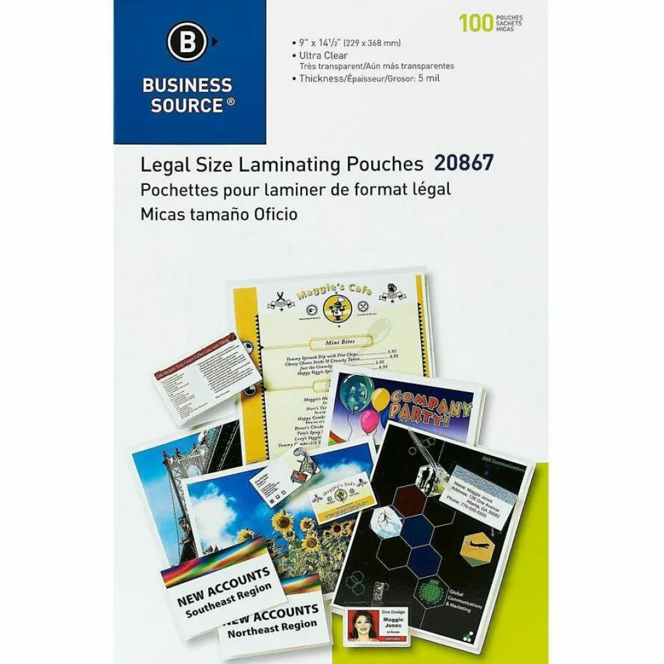 Business Source Clear Legal-Size Laminating Pouches - 9"x 14.50"x5 mil Thickness - 20867, 5/Pack