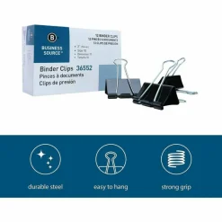 Business Source Fold-back Binder Clips - Large - 2" Length x 2" Width - 1" Size Capacity - 1Dozen - Black - Steel