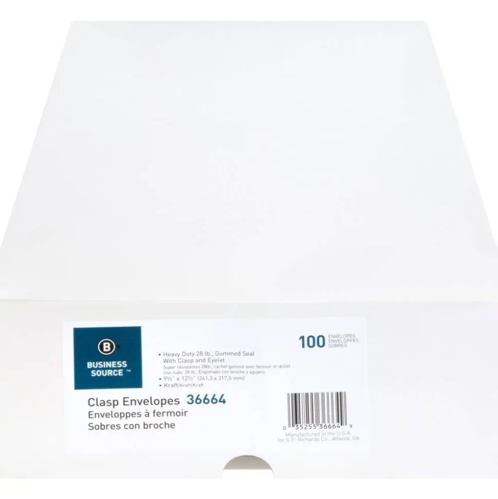 Business Source Heavy-duty Clasp Envelopes - Clasp - #93 - 9 1/2" Width x 12 1/2" Length - 28 lb - Clasp - Kraft - Kraft - 100 / Box