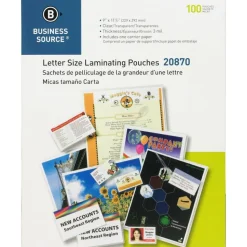 Business Source 3-mil Laminating Pouches, 9" x 11-1/2", Clear, Box of 100