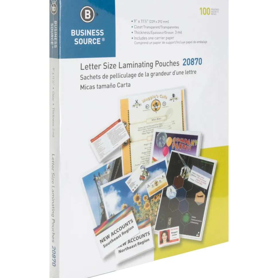 Business Source 3-mil Laminating Pouches, 9" x 11-1/2", Clear, Box of 100
