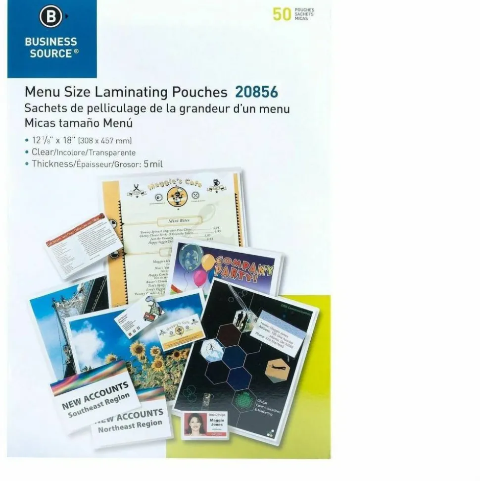 Business Source 5 mil Menu-size Laminating Pouches - 12.13"x 18"x5 mil Thickness - 20856, 12/Pack