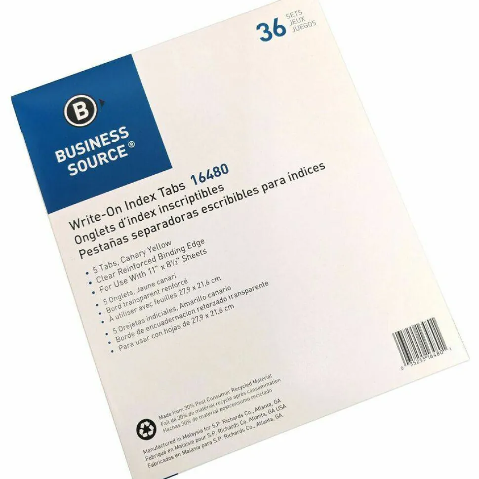 Business Source Mylar-reinforced Plain Tab Indexes - 5 Write-on Tab(s) - 8.5" Dividerx 11" Divider - Letter - 3 Hole Punched - Canary Tab(s) - 36/Box