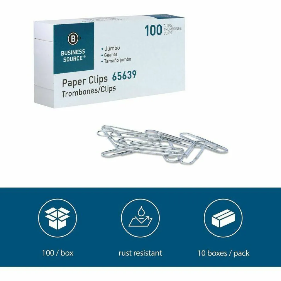 Business Source Paper Clips - Jumbo - 1000 / Pack - Silver - Steel