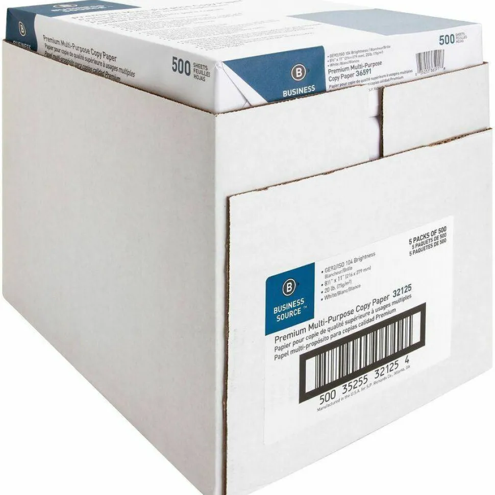 Business Source Premium Multi-Use Printer & Copy Paper, Letter (8.5" x 11"), 2500 Sheets Per Case, 20 Lb, 92 Brightness
