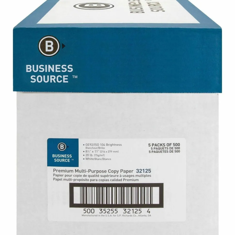 Business Source Premium Multi-Use Printer & Copy Paper, Letter (8.5" x 11"), 2500 Sheets Per Case, 20 Lb, 92 Brightness