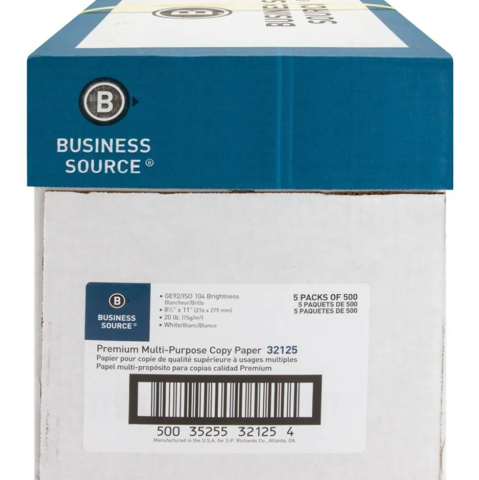 Business Source Premium Multi-Use Printer & Copy Paper, Letter (8.5" x 11"), 2500 Sheets Per Case, 20 Lb, 92 Brightness