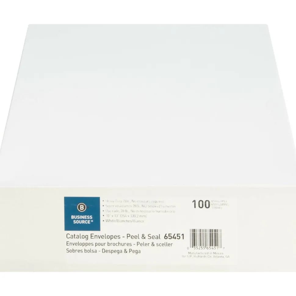 Business Source Self Sealing Catalog Envelopes - Catalog - 10" Width x 13" Length - 28 lb - Peel & Seal - White - Wove - 100 / Box