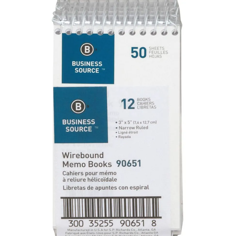 Business Source Wirebound Memo Books, 5" x 3", 50 Sheets, White, Pack Of 12
