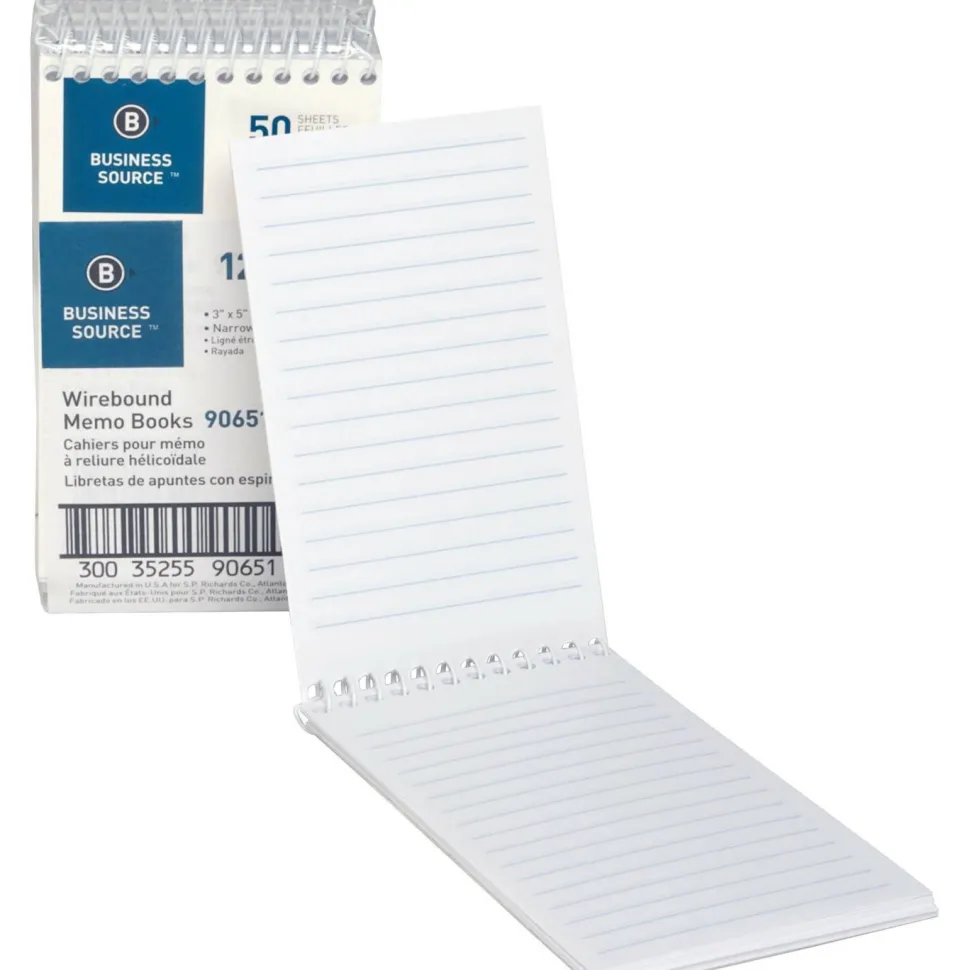 Business Source Wirebound Memo Books, 5" x 3", 50 Sheets, White, Pack Of 12