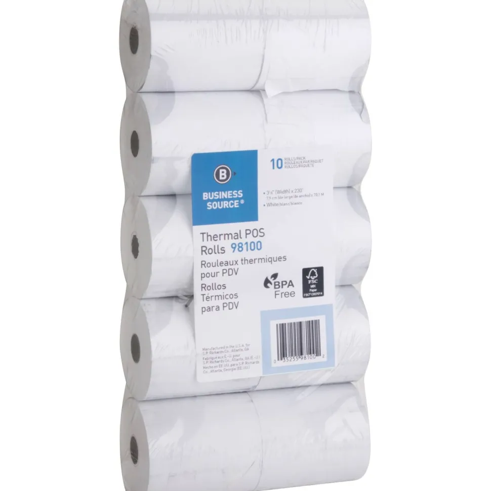 Business Source 3-1/8"x230' POS Receipt Thermal Rolls, 3 1/8" x 230 ft, 48 g/m² Grammage, White, 10-Pack