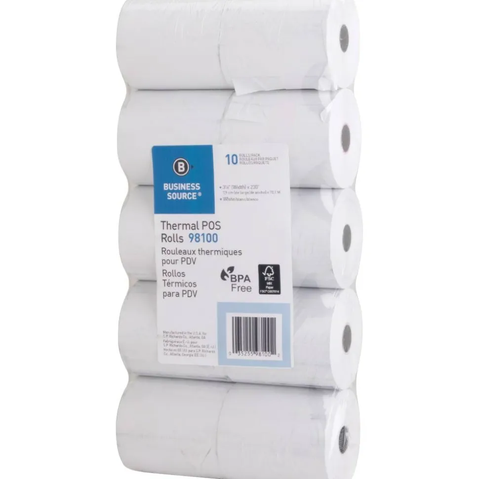 Business Source 3-1/8"x230' POS Receipt Thermal Rolls, 3 1/8" x 230 ft, 48 g/m² Grammage, White, 10-Pack