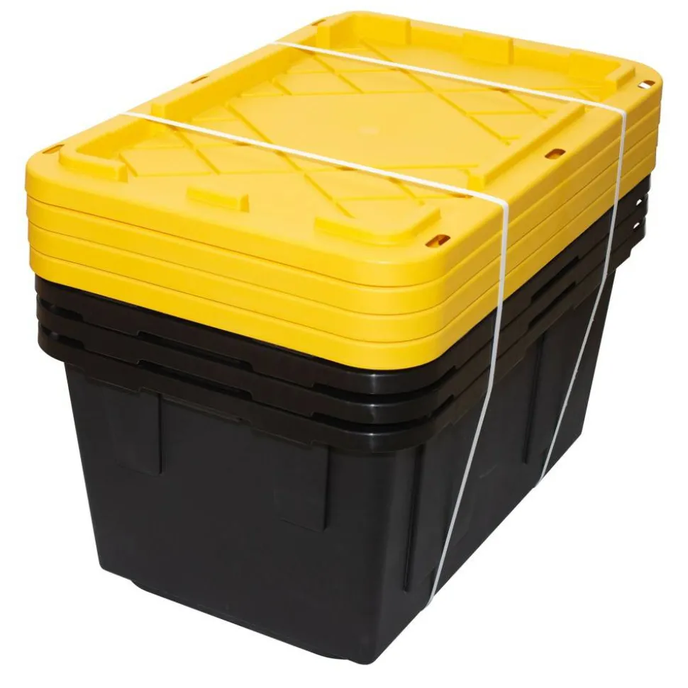 by GreenMade Professional Storage Tote With Handles/Snap Lid, 27 Gallon, 30-1/10" x 20-1/4" x 14-3/4", Black/Yellow, Pack Of 4