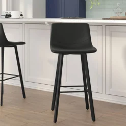 Caleb Modern Armless 30 Inch Bar Height Commercial Grade Barstools with Footrests in Black LeatherSoft and Black Matte Iron Frames, Set of 2